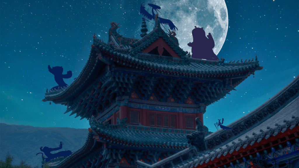 kung fu panda warriors on shaolin temple at night
