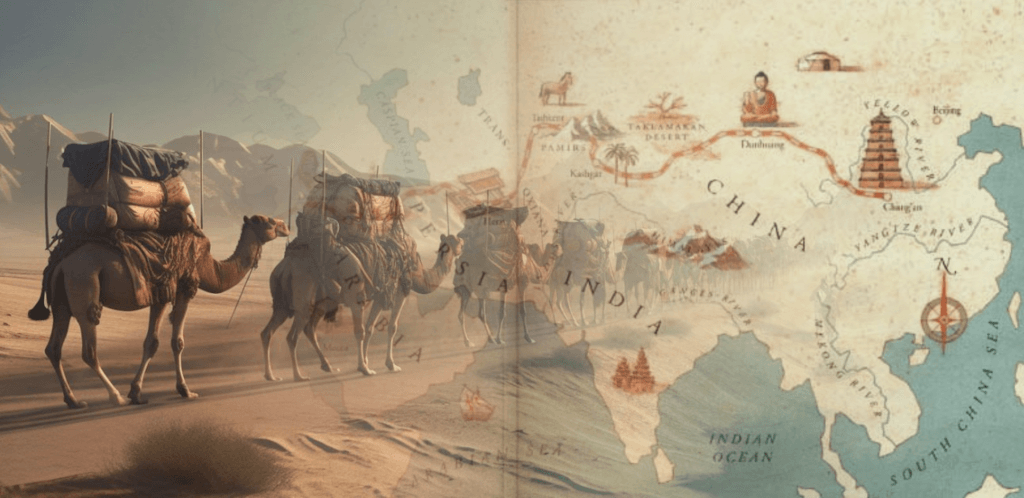 Camel caravan and silk road map
