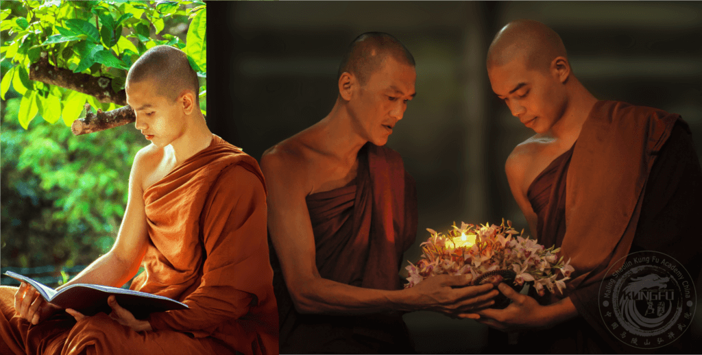 Buddhist monks reading scriptures and participating in ceremony