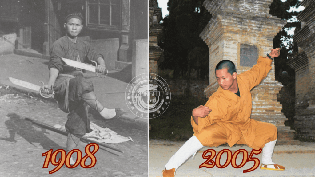 Man with chinese swords in  San Francisco’s Old Chinatown 1908, left; Master Bao doing Drunken Fist at Shaolin Temple approx. 2005, right