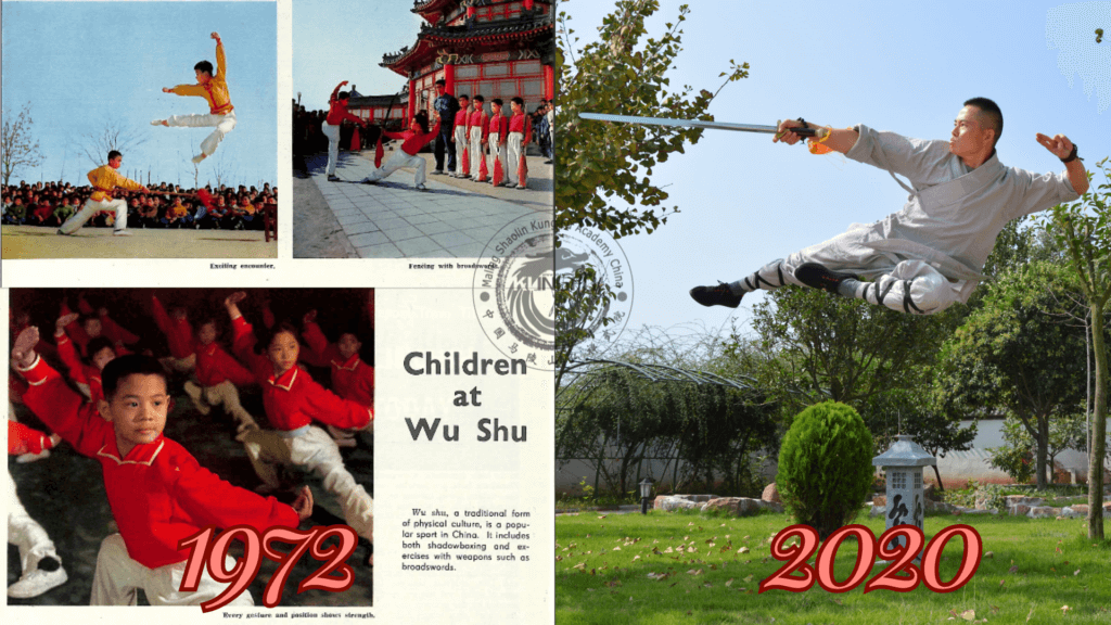 China Reconstructs Magazine. June 1972. Vol. XXI No 6. Children Wushu, left; Master Bao jumping with sword approx. 2020, right