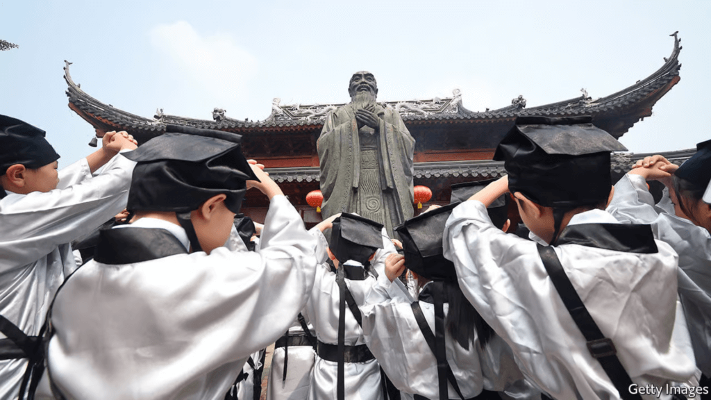 Modern Confucian scholars paying respect to statue of Confucius