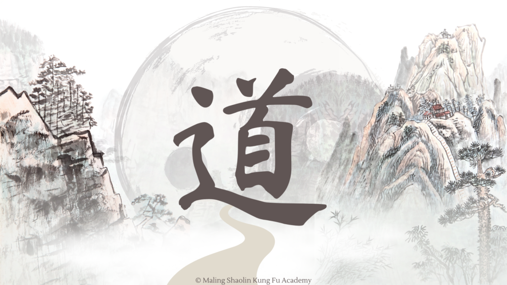 Dao Chinese character in front of yin yang between mountains