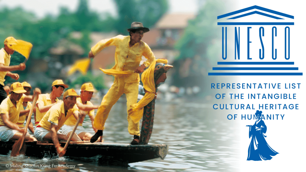 Dragon Boat and crew with UNESCO Cultural Heritage List logo
