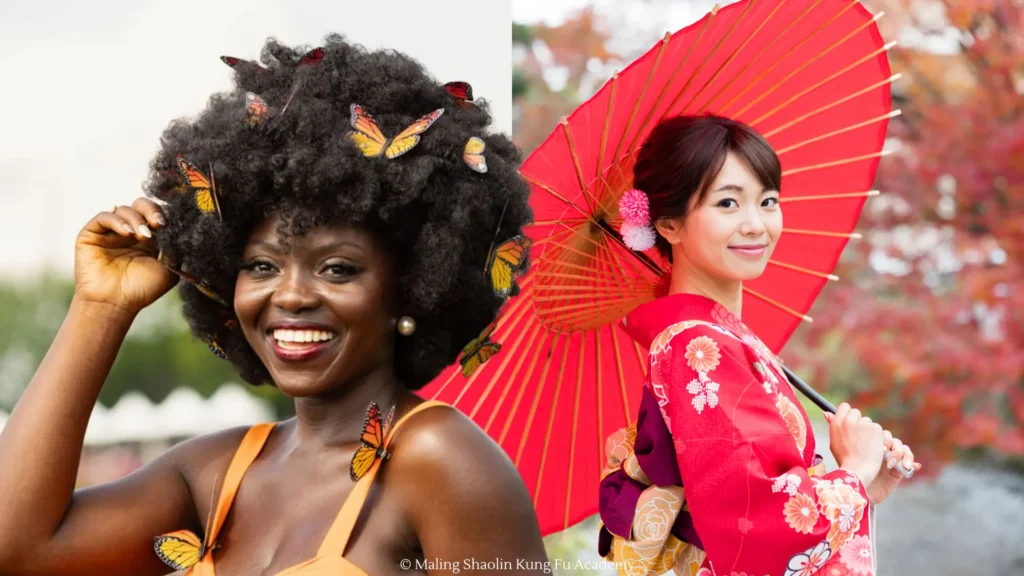 Black woman with natural hair and Japanese woman wearing kimono