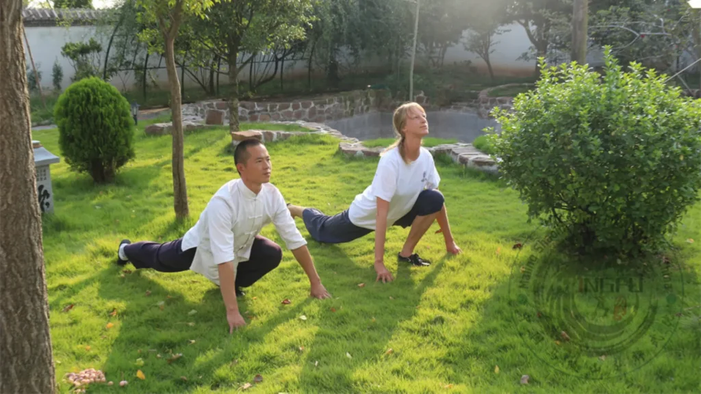 master bao and student stretching with qigong, utilizing neigong