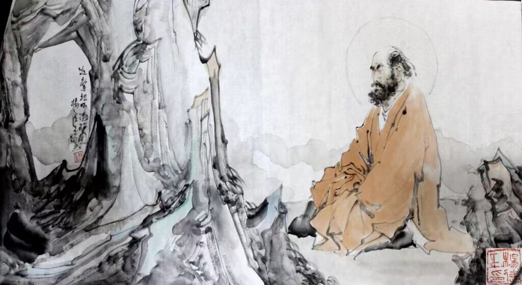 monk meditating in traditional Chinese style painting