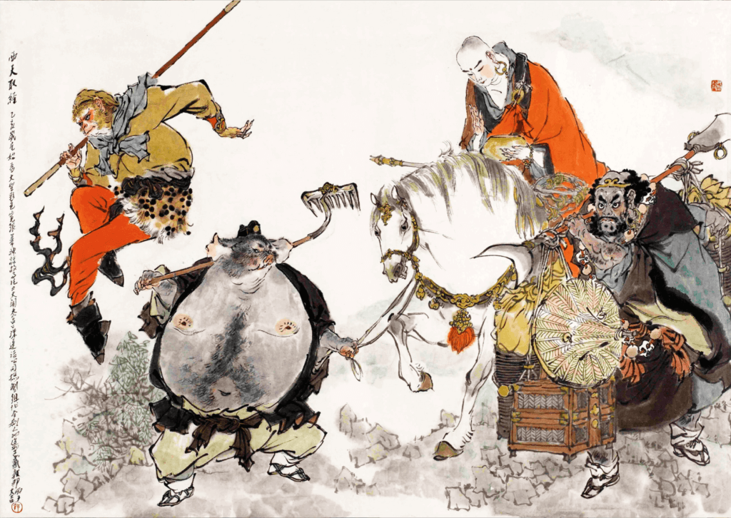 In order from left to right: Sun Wukong ("Monkey King", 孙悟空); Zhu Bajie ("Pigsy", 豬八戒); The White Dragon Horse (白龍馬); Tang Sanzang ("Tripitaka", 唐三藏); Sha Wujing ("Sandy", 沙悟淨)