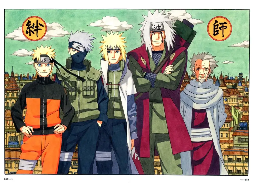 Master to student; Hiruzen, Jiraiya, Minato, Kakashi, Naruto