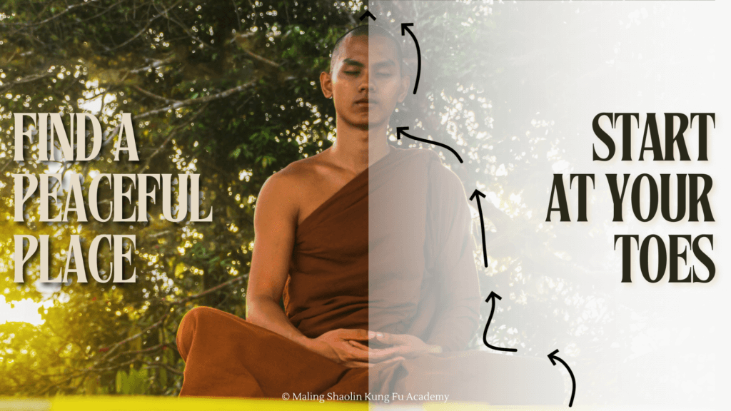 Arrows from toes to head of sitting meditating monk