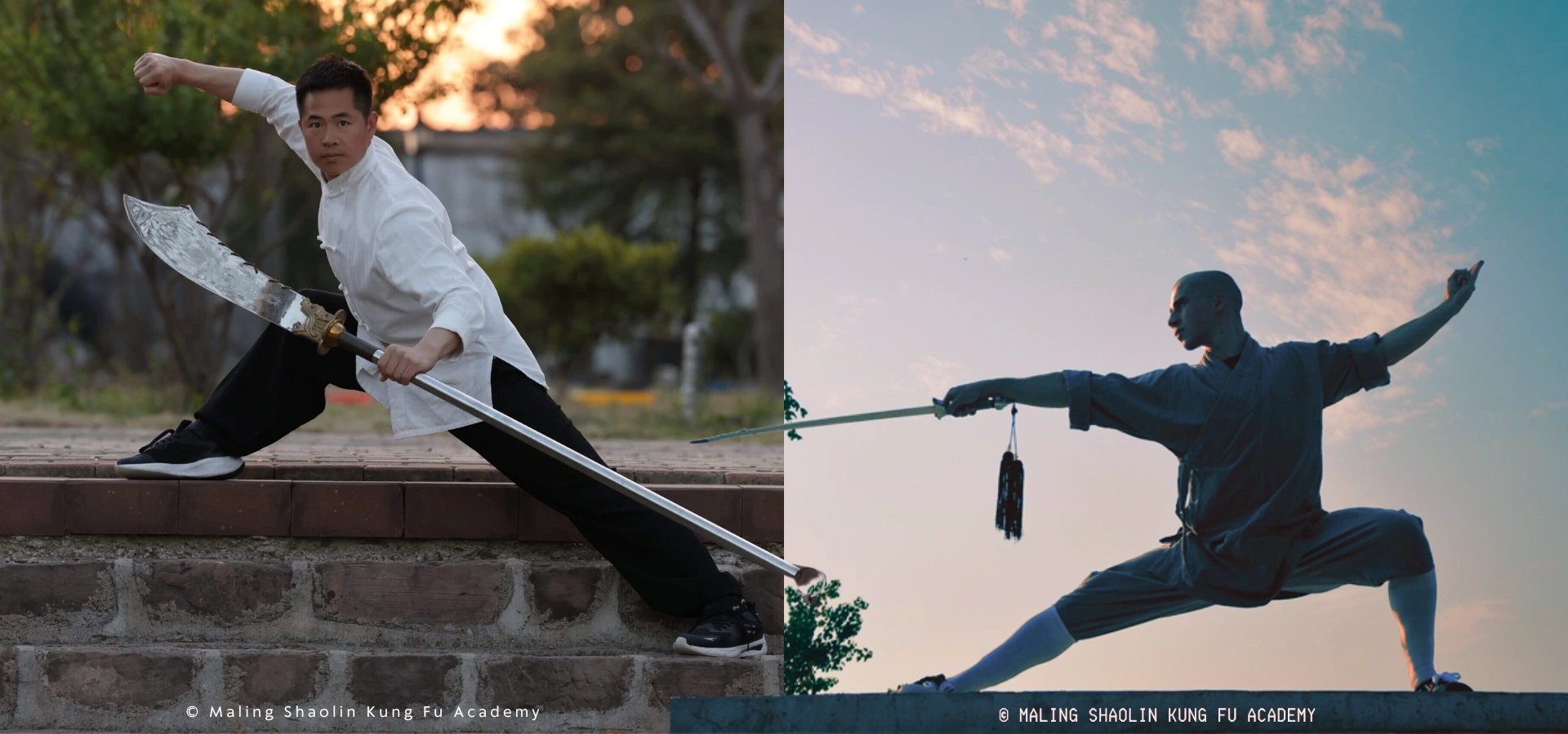 Master Bao and student Johnny in bow stance variations with weapons