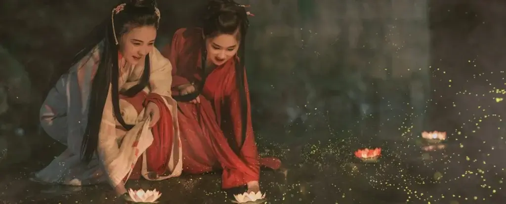 girls in hanfu celebrating qixi festival with floating flowers