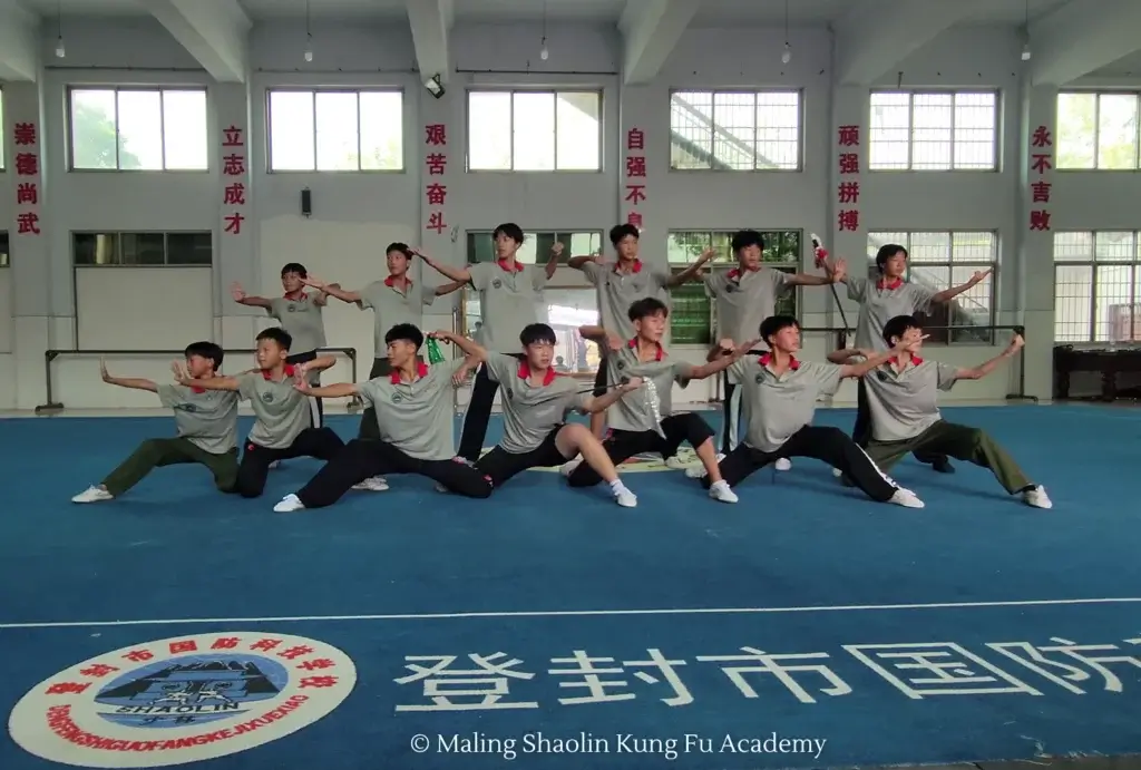 Grandmaster Shi De Qian's kung fu school group performance