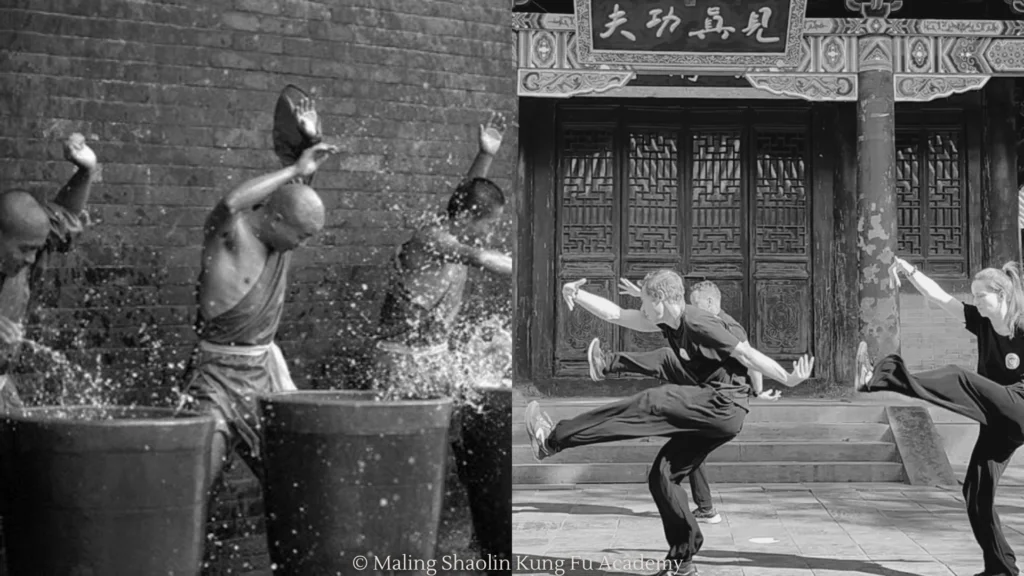 Shaolin warrior monks conditioning their hands in water barrels; Maling Shaolin Kung Fu Academy student doing forms at the Shaolin Temple