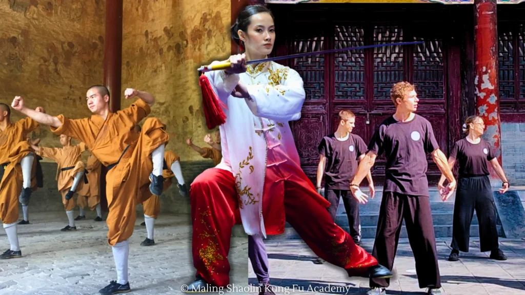 Kung fu at the Shaolin temple by monks and foreigners; wushu competitor in the middle