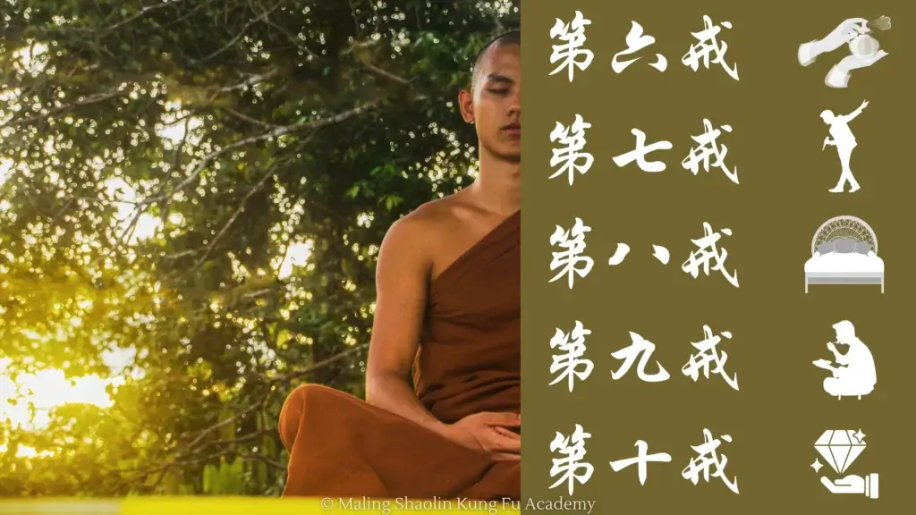 Young monk meditating and 5 of the 10 novice precepts written in Chinese characters