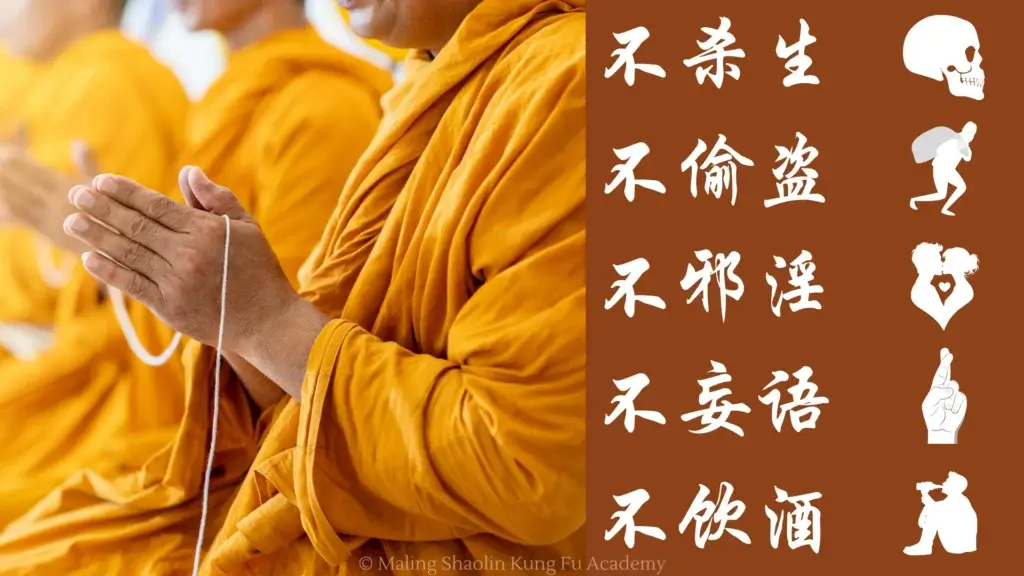 Monks praying and the list of 5 precepts written in Chinese characters