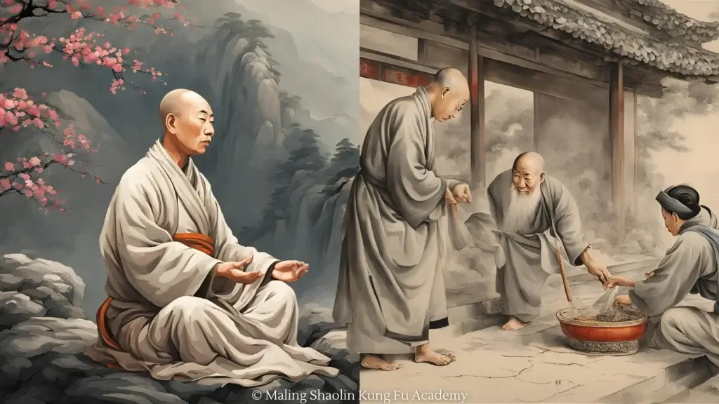 Monk meditating and monks helping someone in a village