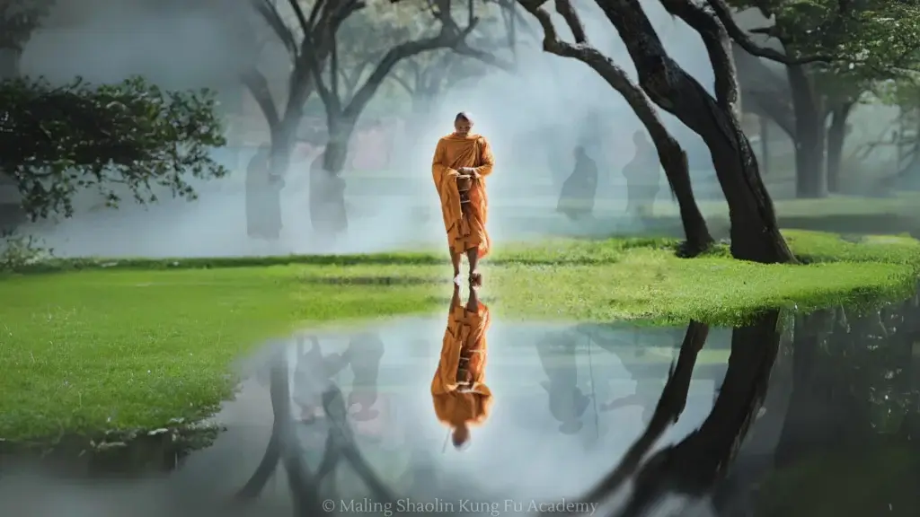 Monk standing at edge of pond looking at his reflection. Various shadowy figure monks are seen in both the water and behind the monk