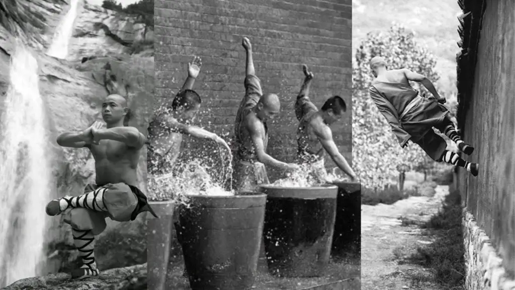 Shaolin monks meditating, slapping water, and running along a wall