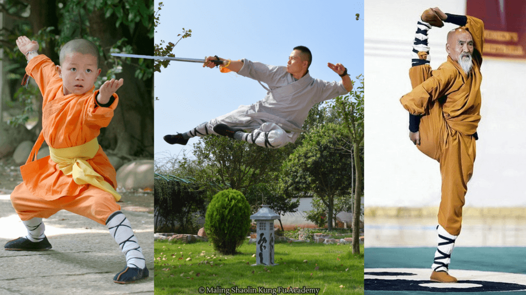 A kung fu child, adult (Master Bao) and elder