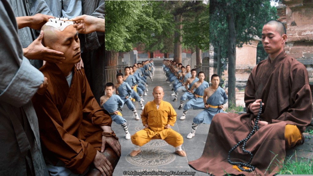 Shoujie Ceremony (L); Grandmaster Shi De Yang and disciples (C); Master Shi Xing Jian [aka Master Bao] (R)