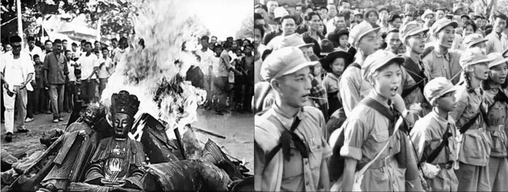 Cultural Revolution temple destruction (L); Young revolutionaries (R)