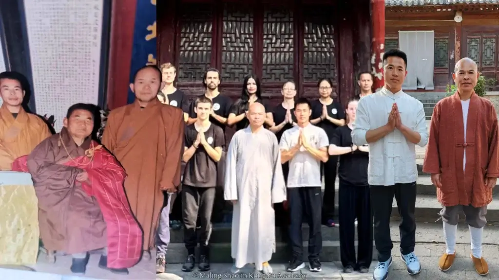 In left image: Grandmaster Shi De Qian (L), Abbot Shi Su Xi (M), Grandmaster Shi De Yang; In center image: Grandmaster Shi De Yang (L center) and Master Shi Xing Jian (R center) with students; In right image: Master Shi Xing Jian (L) and Grandmaster Shi De Yang (R)