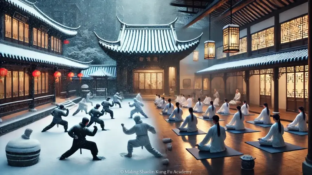 A visually balanced image that captures the essence of winter martial arts training schedules indoor and outdoor.