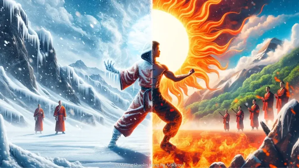 A visually split image representing "冬练三九，夏练三伏," with one side depicting winter training intensity and the other showcasing summer training under the blazing sun