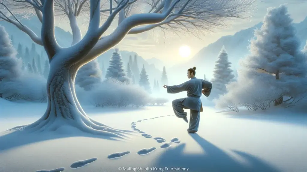 A serene winter landscape featuring a traditional Chinese martial artist practicing kung fu outdoors.