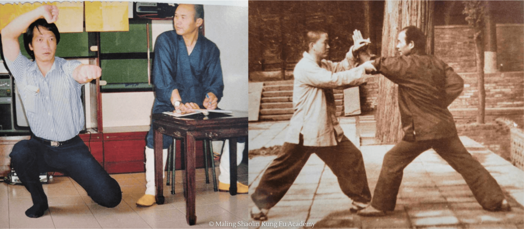 Grandmaster Shi De Qian drawing kung fu poses and teaching future Shaolin Temple Abbott