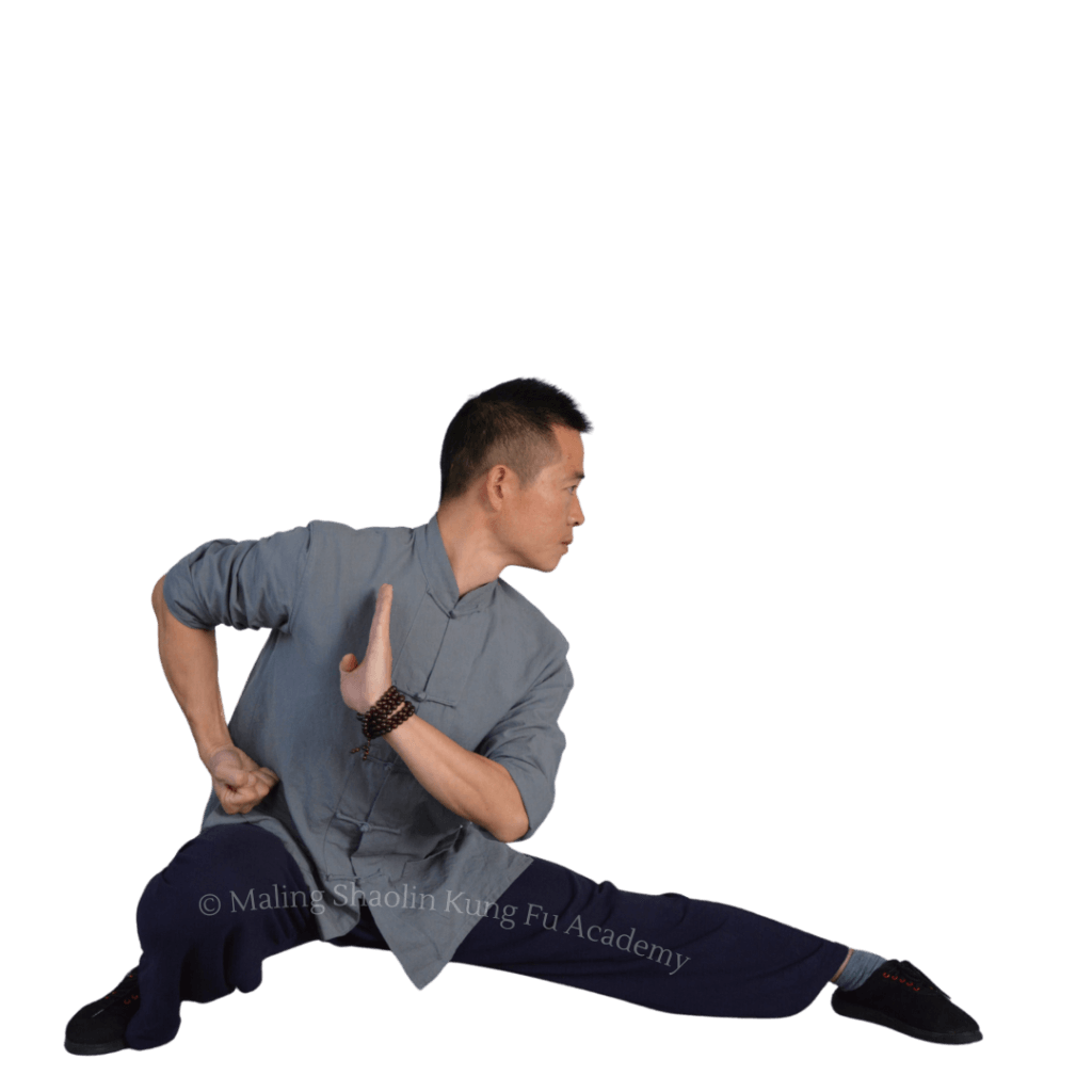 Demonstration of Pū Bù with text: Keep your heel on the floor and your leg straight.