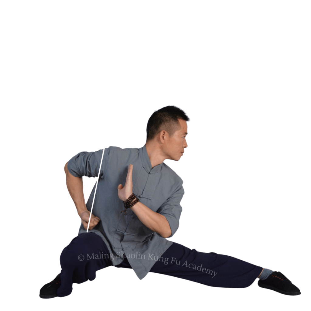 Demonstration of Pū Bù with text: Keep butt close to the floor and heel flat on the floor.