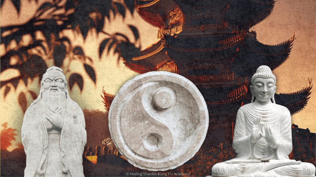 Statues of Confucious and Buddah, and a stone yin yang symbol representing Confucianism, Taoism, and Buddhism, in front of a Chinese temple.