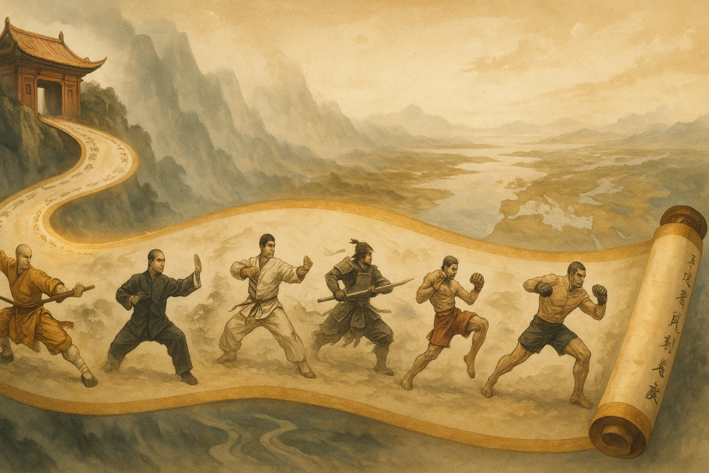 A fantasy illustration of an ancient, weathered scroll unfurling from the gates of the Shaolin Temple, which sits high on a mist-shrouded mountain. The scroll winds across valleys, rivers, and continents like a flowing river, symbolizing the global spread of martial arts. Along the scroll, painted in traditional Chinese ink and brush style, are vivid images of martial artists from various styles—Shaolin monks, Tai Chi practitioners, Wing Chun fighters, Japanese samurai, Muay Thai fighters, modern MMA athletes—each in dynamic action poses. The scroll glows faintly with spiritual energy, and Chinese calligraphy lines its edges. The background transitions from ancient China to abstract world landscapes, representing cultural diffusion. The art combines traditional ink wash with fantasy realism, using earth tones, golds, and deep reds to evoke reverence and legacy.