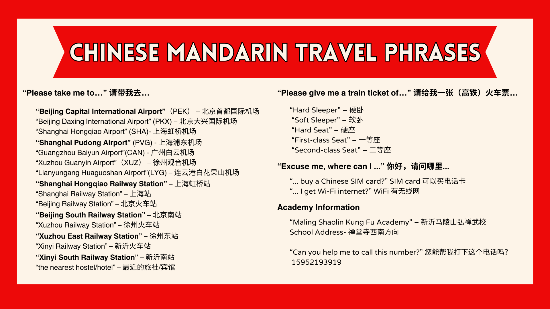 Chinese Mandarin Academy Travel Phrases