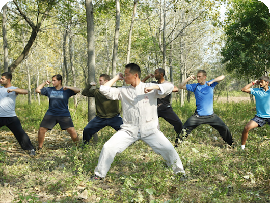 students and master practicing baji in forest
