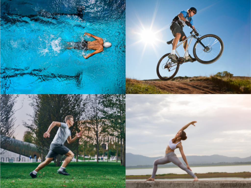 sports- swimming, biking, running, yoga