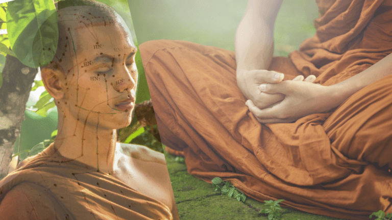 monk meditating; meridians on face