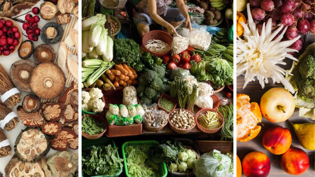 Fruits, vegetables, flowers, mushrooms from Chinese open markets