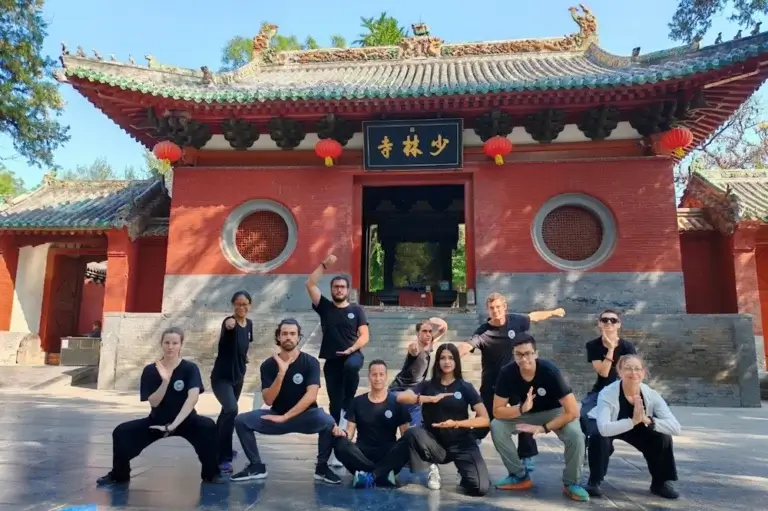 Maling students pose in front of the Shaolin Temple