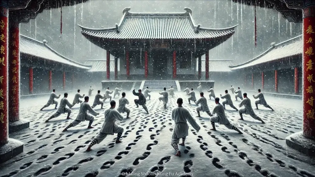 A stunning digital painting of Shaolin monks training barefoot in a snow-covered courtyard. The scene captures intricate patterns of footprints in the snow.