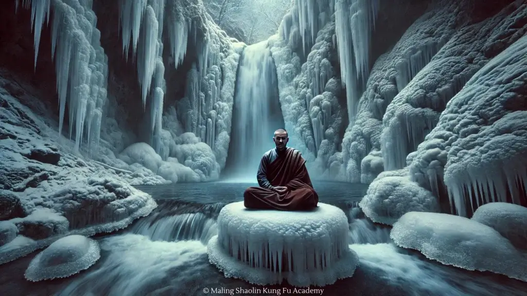 A dramatic image of a Shaolin monk meditating under a partially frozen waterfall in the heart of winter. Icy water cascades around him while snow.