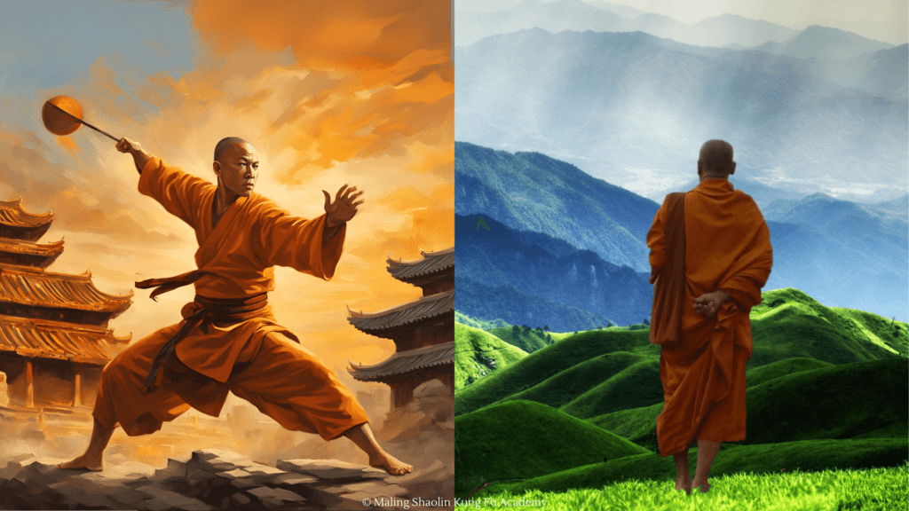 One Shaolin monk with a weapon, and one looking over mountain scenery.