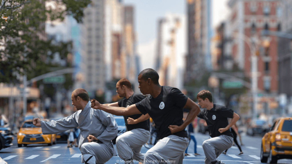 Maling Shaolin Kung Fu Academy students in front of New York street scene.