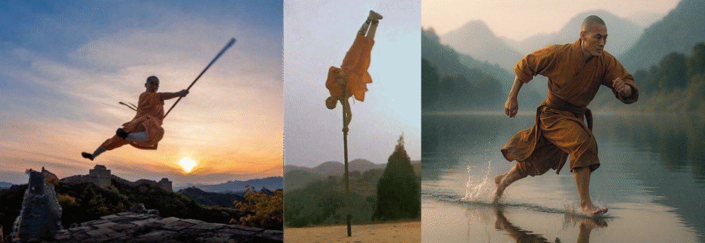 Shaolin monks displaying feats of Qinggong including leaping high in the air, holding their body up-side-down at the top of a staff, and sprinting across water.