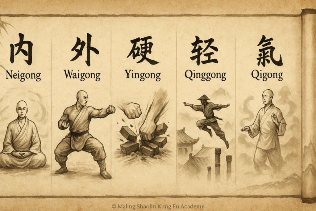 A cinematic digital painting of five Shaolin monks surrounding the ancient Shaolin Temple, each representing a different kung fu discipline. One monk sits in still meditation glowing with inner energy (Neigong, 内功), another performs a deep stance with tensed muscles (Waigong, 外功), a third breaks bricks with his palm (Yingong, 硬功), a fourth leaps lightly across bamboo stalks (Qinggong, 轻功), and the fifth performs a flowing breath-based form surrounded by gentle mist (Qigong, 气功). The Chinese characters for each category are written in elegant calligraphy near each figure, with warm light illuminating the temple at the center. Misty mountains rise in the background.