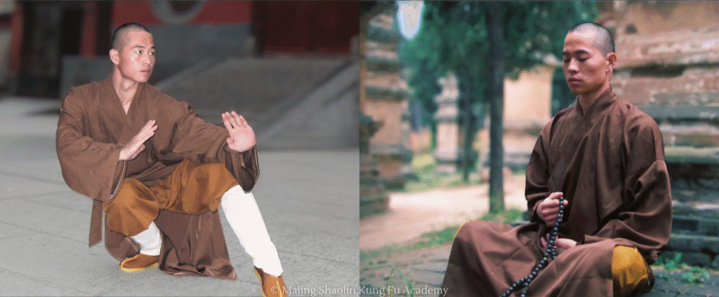 Young Master Bao as a monk at the Shaolin Temple in a Shaolin Cat Stance (Empty Stance) in front of the Shaolin entry gate and meditating in the Pagoda Forest.