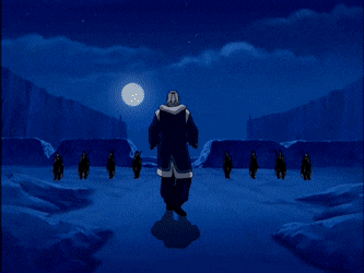 Pakku of the Northern Water Tribe waterbending against Fire Nation invaders empowered by a full moon.